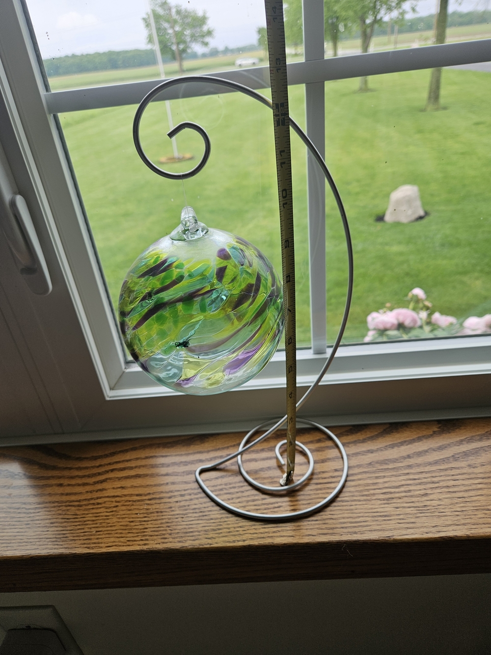 Hand-Blown Green and Purple Glass Orb Hanging Art